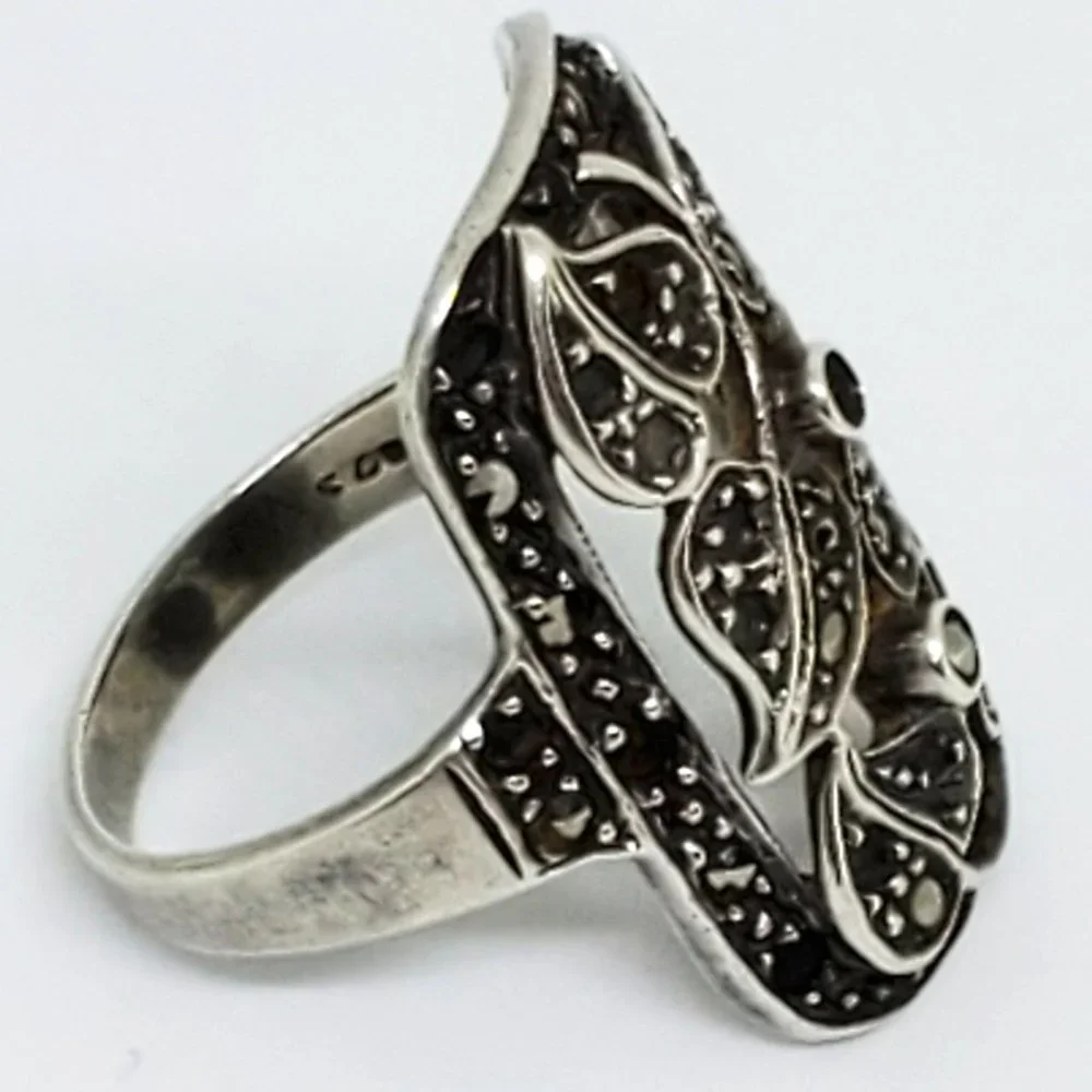 Vintage Victorian Leaf Marcasite Elegant Sterling Silver Ring SZ 5.5 